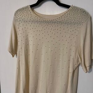 Diane Gilman Silk Cotton Blend Pearl Embellished Cream Short Sleeve Top Size L